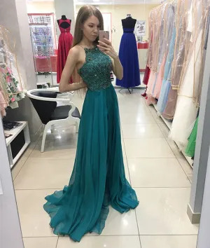 Green chiffon round neck tulle beads long prom dress, green evening dress