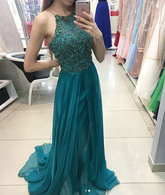 Green chiffon round neck tulle beads long prom dress, green evening dress