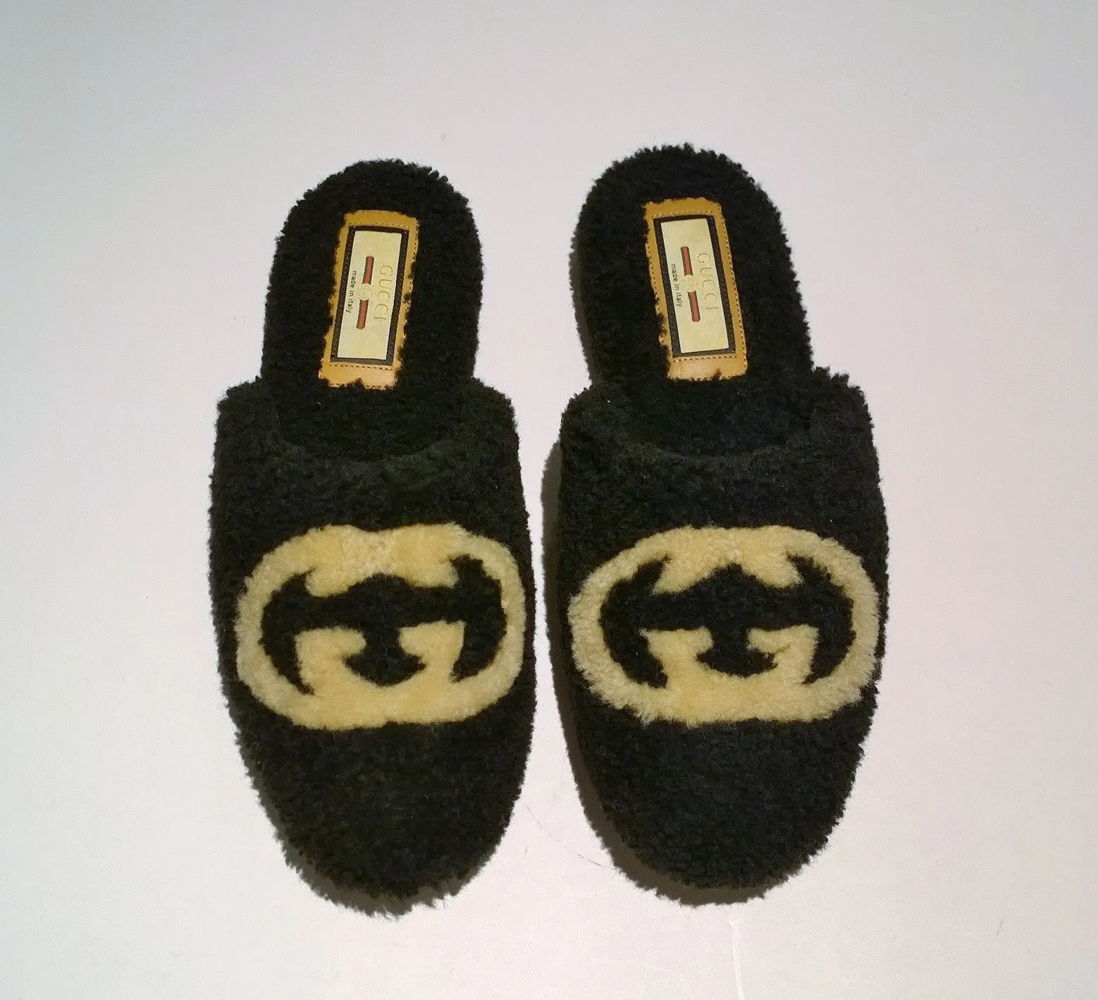 Gucci Eileen Interlocking G Shearling Slides in Black Flats GG