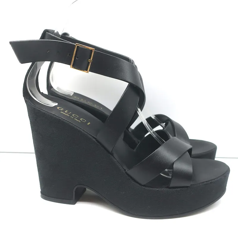 Gucci GG Monogram Canvas Platform Wedge Sandals Black Leather Size 7 NEW