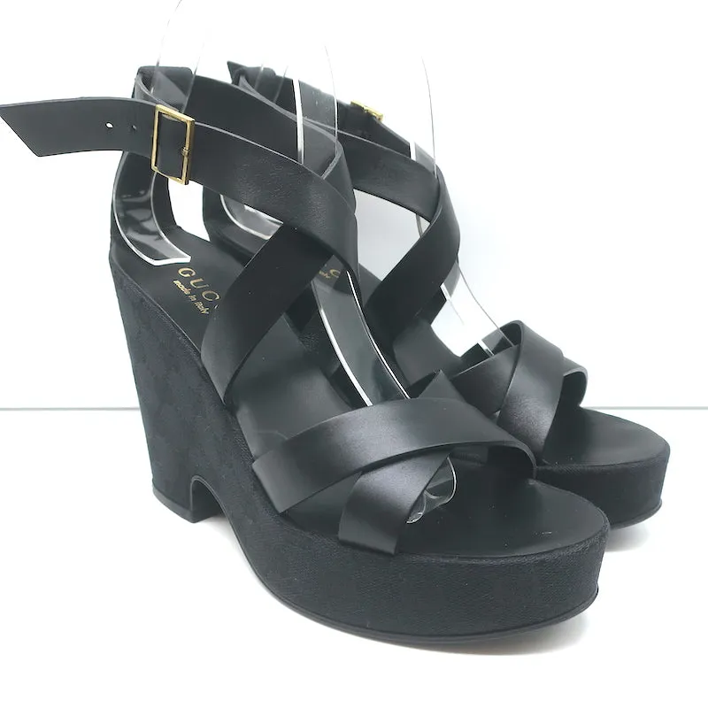 Gucci GG Monogram Canvas Platform Wedge Sandals Black Leather Size 7 NEW