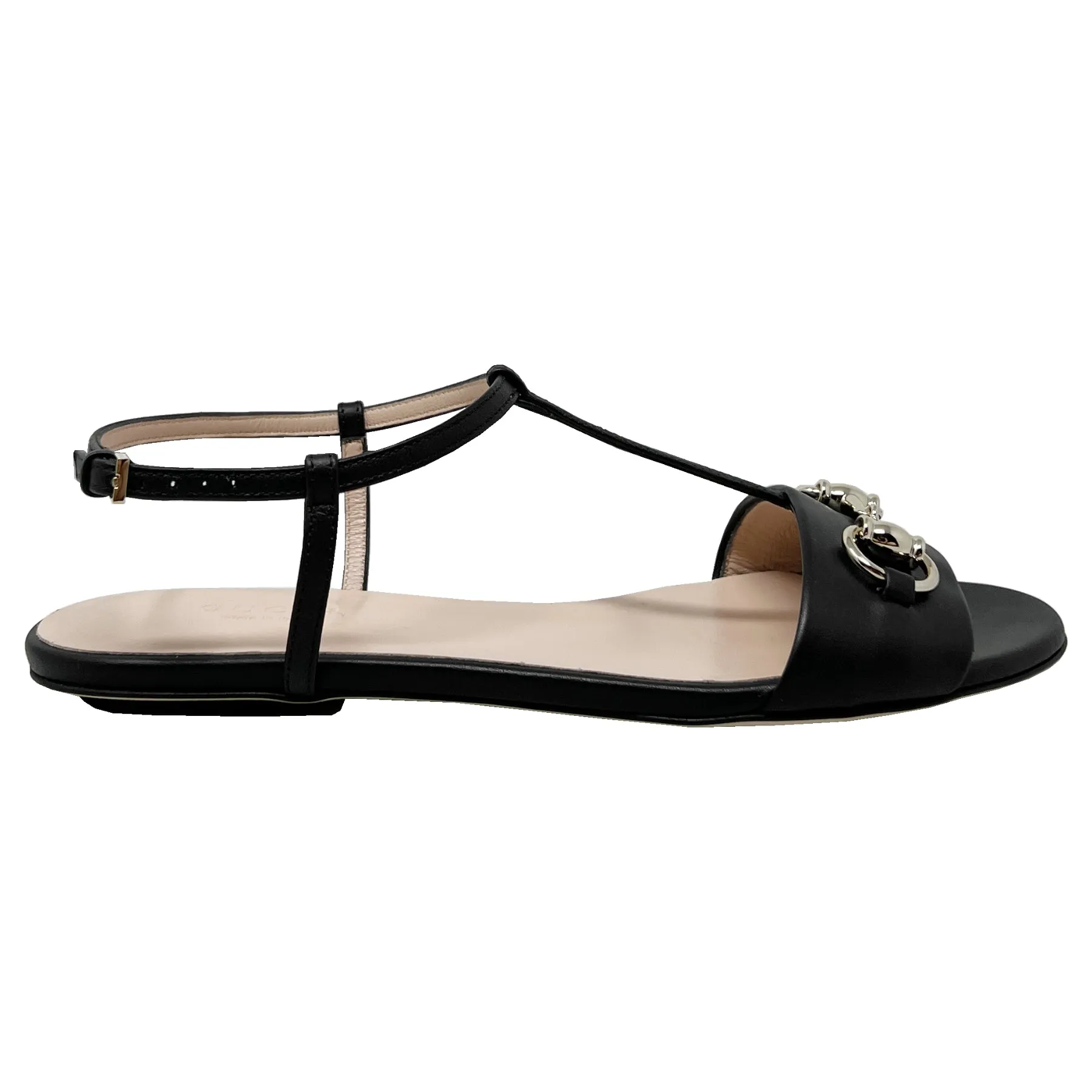 Gucci Horsebit Black Leather T Strap Sandals Size EU 36.5