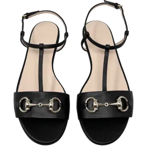 Gucci Horsebit Black Leather T Strap Sandals Size EU 36.5