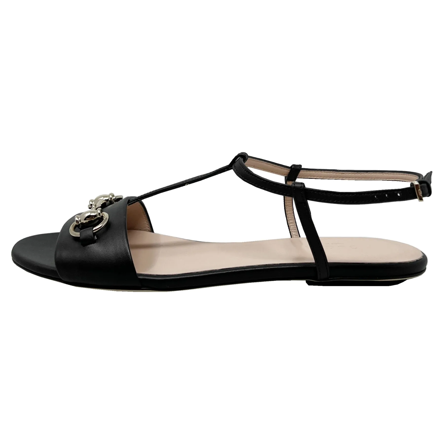 Gucci Horsebit Black Leather T Strap Sandals Size EU 36.5