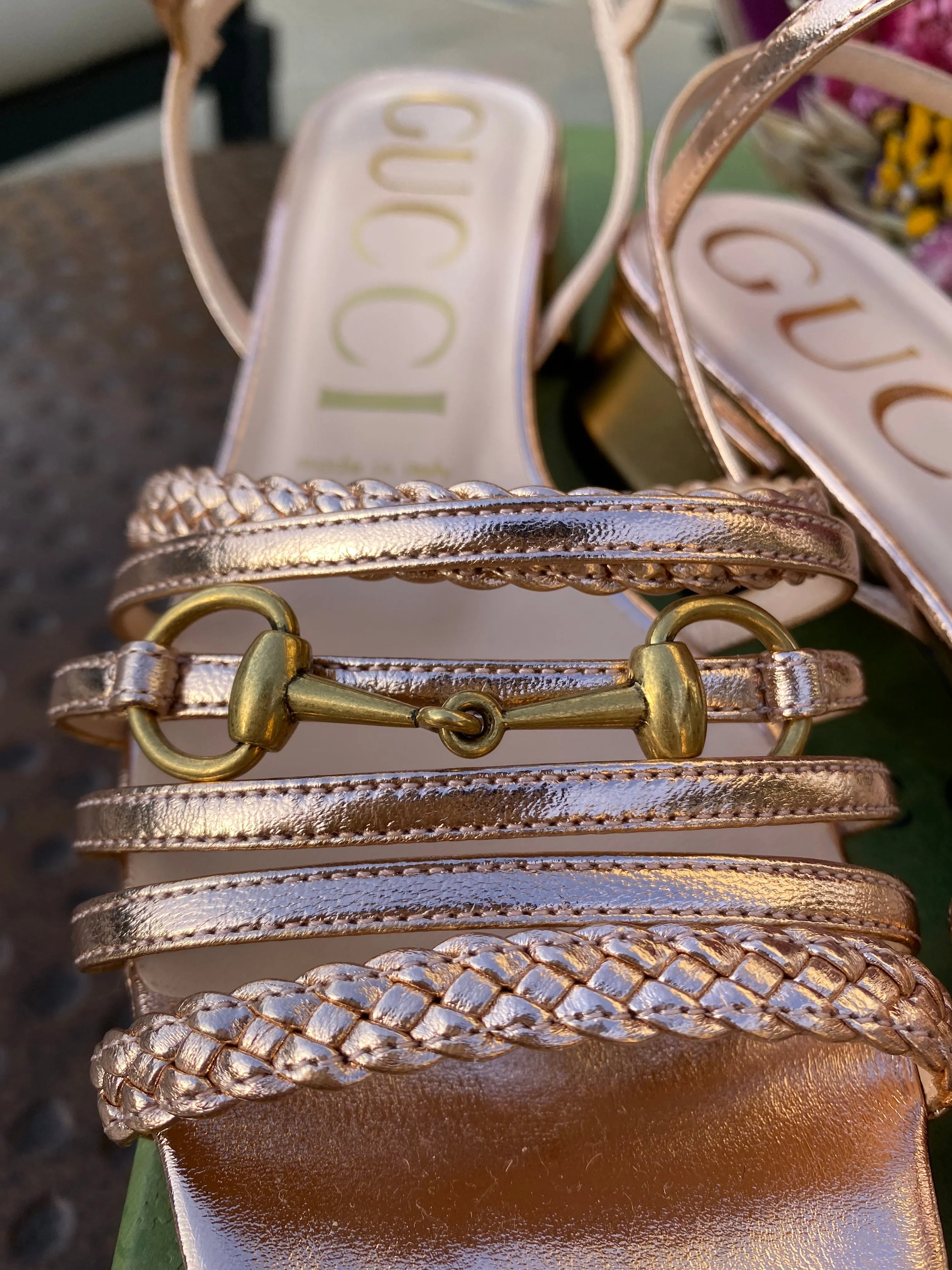 Gucci Horsebit Metallic Pink Leather Strap Sandals