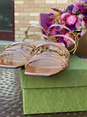 Gucci Horsebit Metallic Pink Leather Strap Sandals