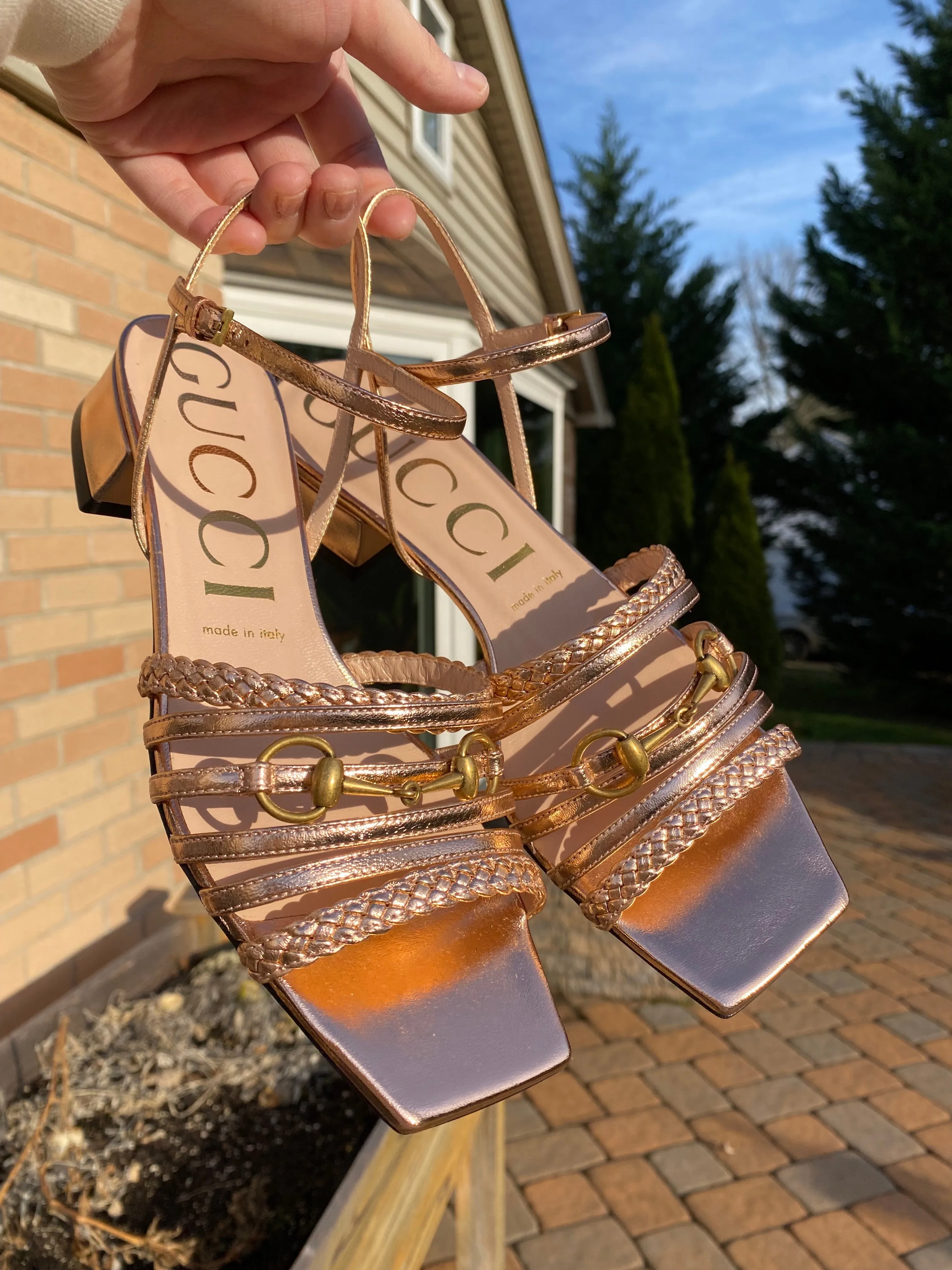 Gucci Horsebit Metallic Pink Leather Strap Sandals