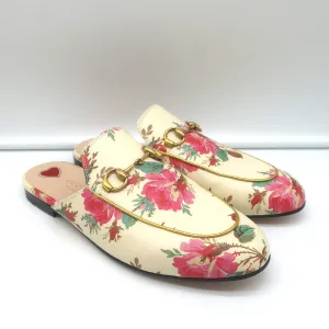 Gucci Princetown Mules Cream Rose Print Leather Size 37.5 Slip-On Flats NEW