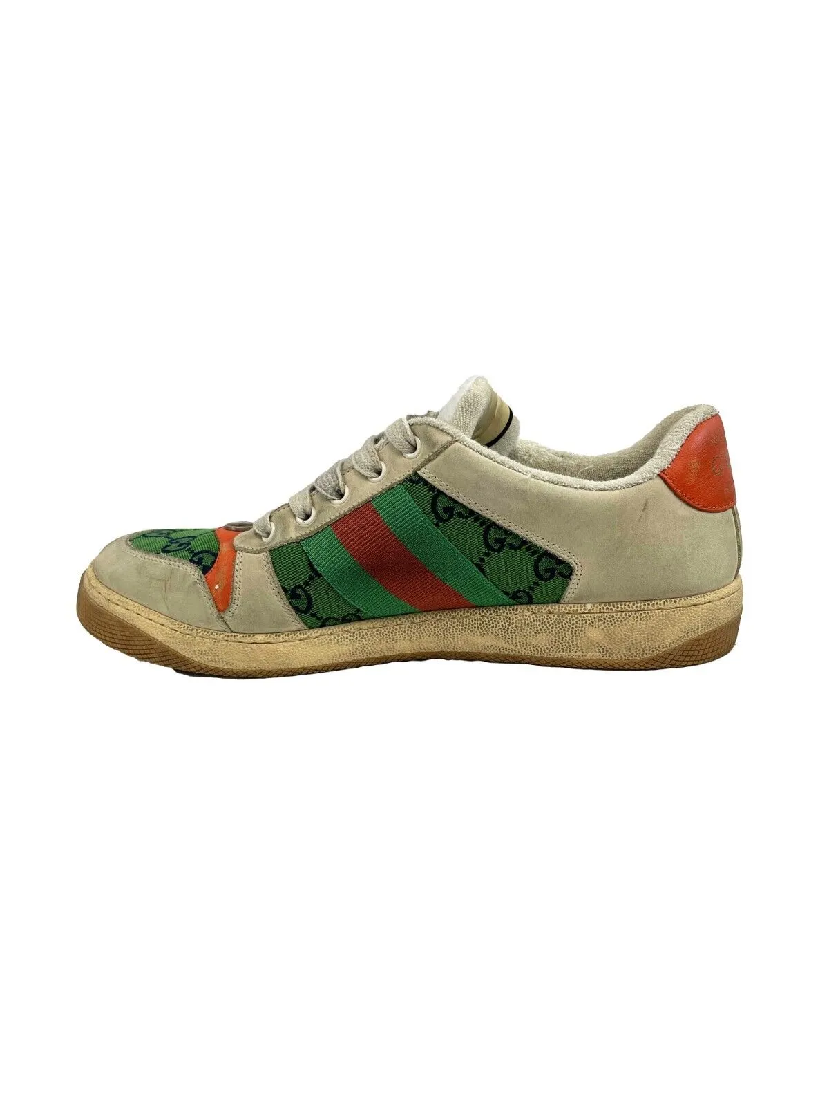 Gucci Screener GG Webbing Leather Sneakers Beige Green Orange US 9 Shoes