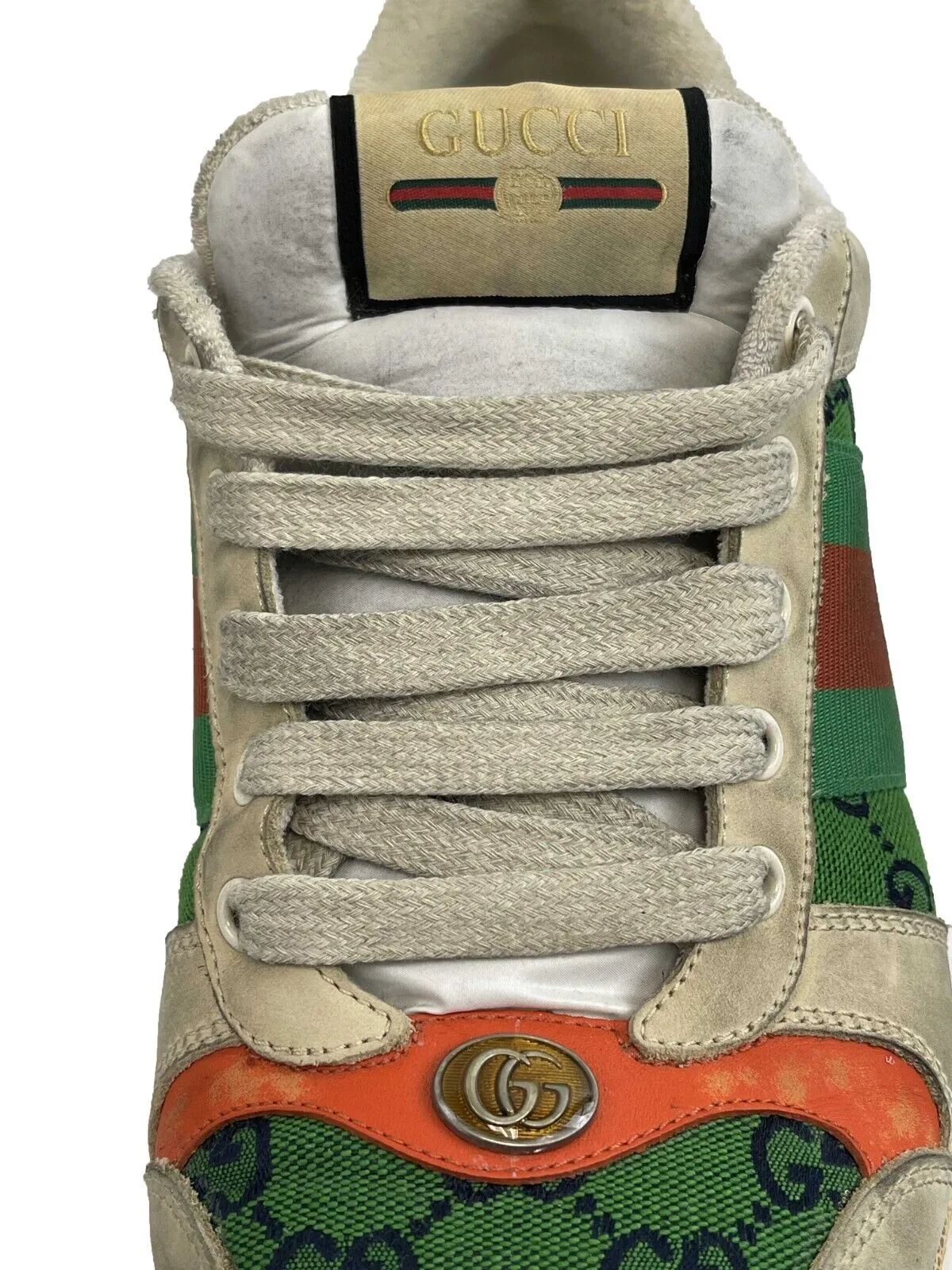 Gucci Screener GG Webbing Leather Sneakers Beige Green Orange US 9 Shoes