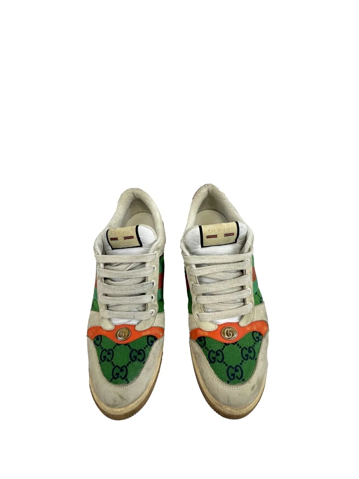 Gucci Screener GG Webbing Leather Sneakers Beige Green Orange US 9 Shoes