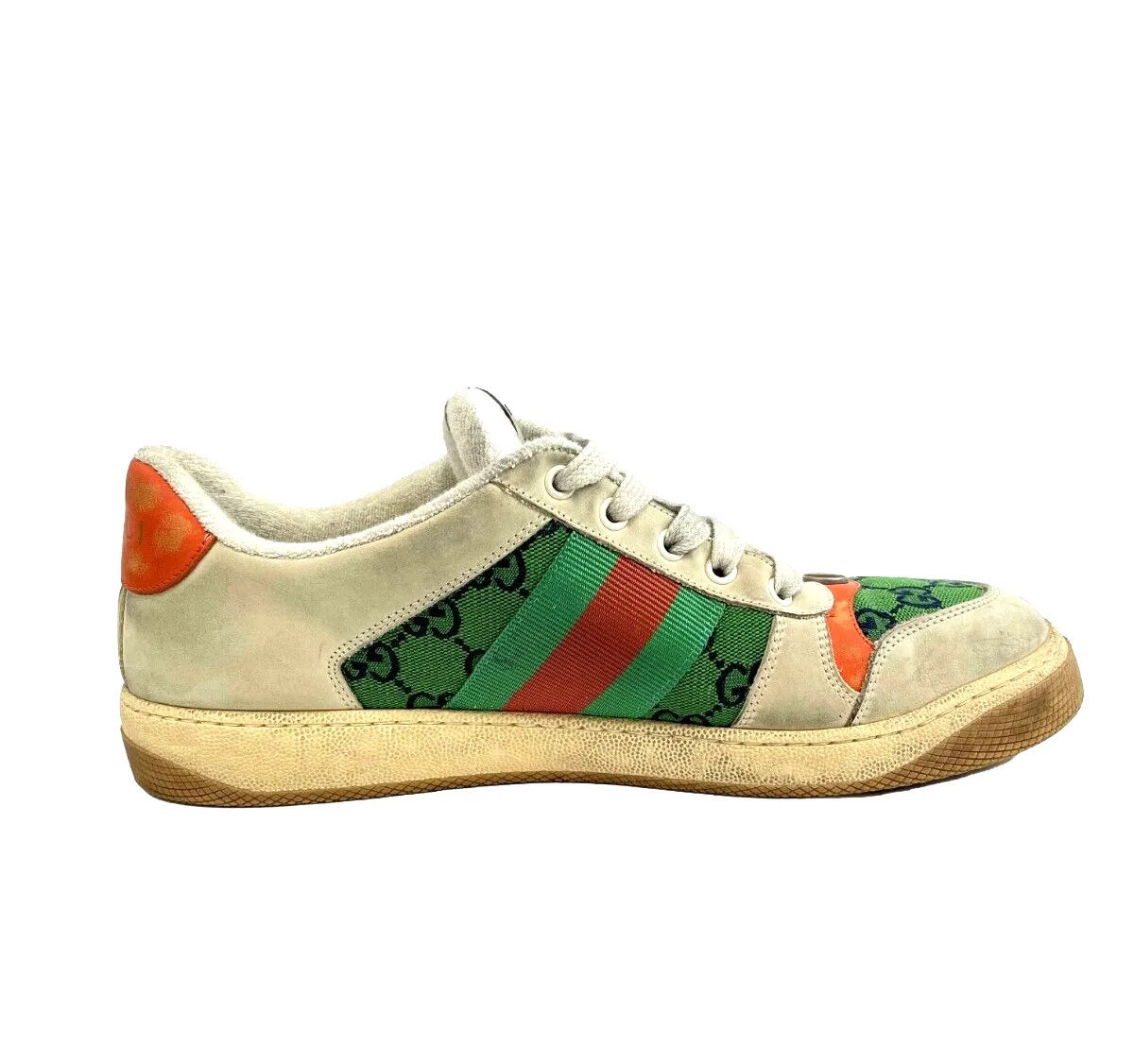 Gucci Screener GG Webbing Leather Sneakers Beige Green Orange US 9 Shoes