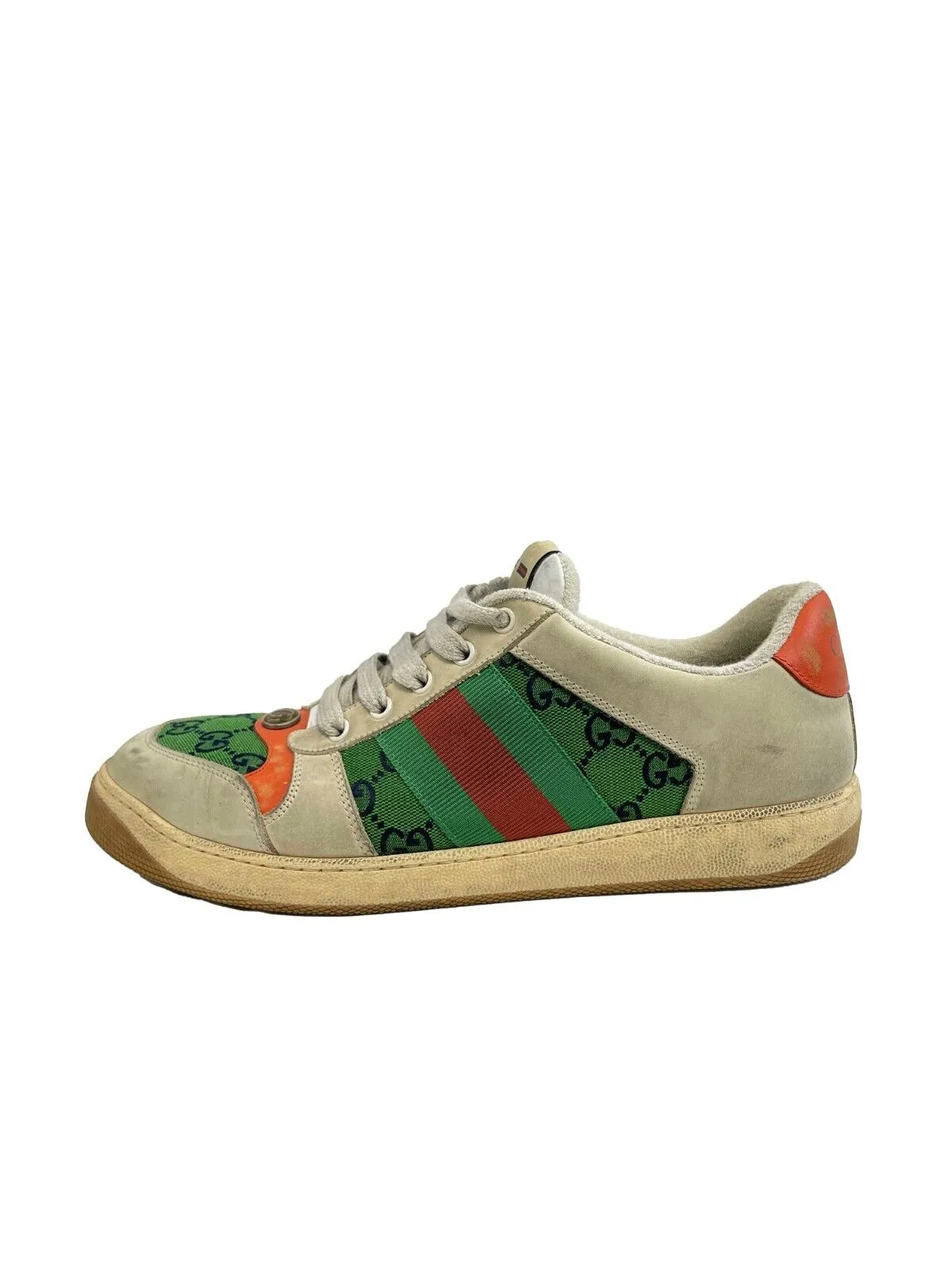 Gucci Screener GG Webbing Leather Sneakers Beige Green Orange US 9 Shoes