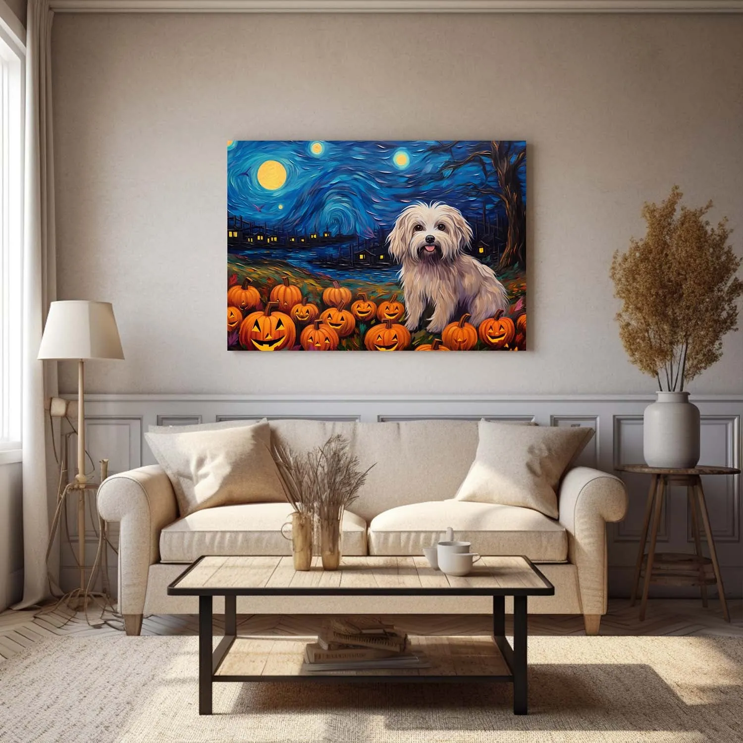 Havanese  Dog 03 Halloween With Pumpkin Oil Painting Van Goh Style, Wooden Canvas Prints Wall Art Painting , Canvas 3d Art