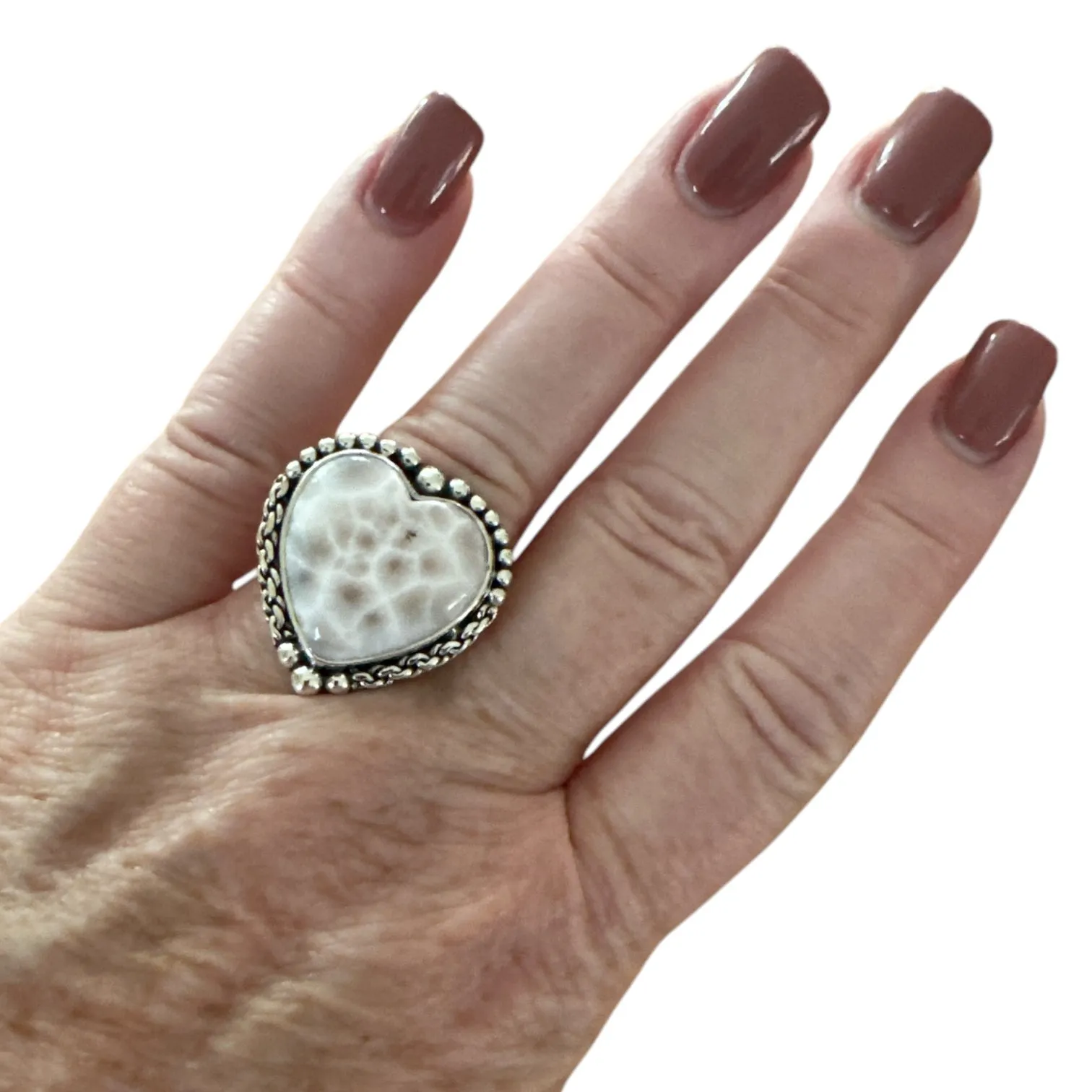 HEART Natrolite Solid 925 Sterling Silver Ring 5.5