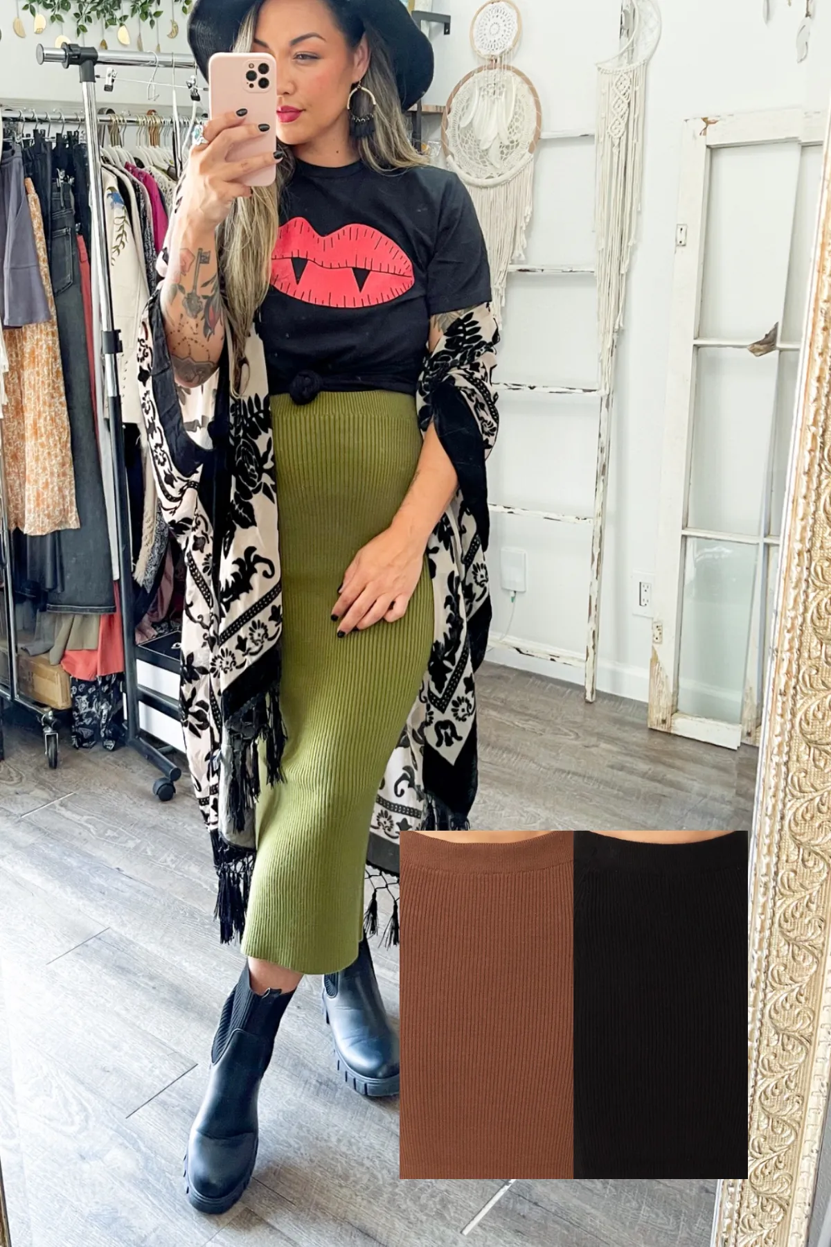 High Waist Ribbed Midi Skirt