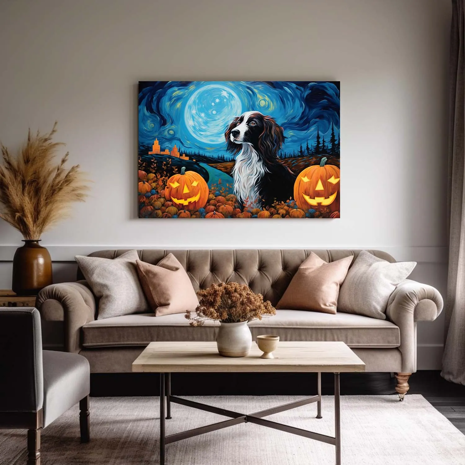 Irish Setters Dog 02 Halloween With Pumpkin Oil Painting Van Goh Style, Wooden Canvas Prints Wall Art Painting , Canvas 3d Art