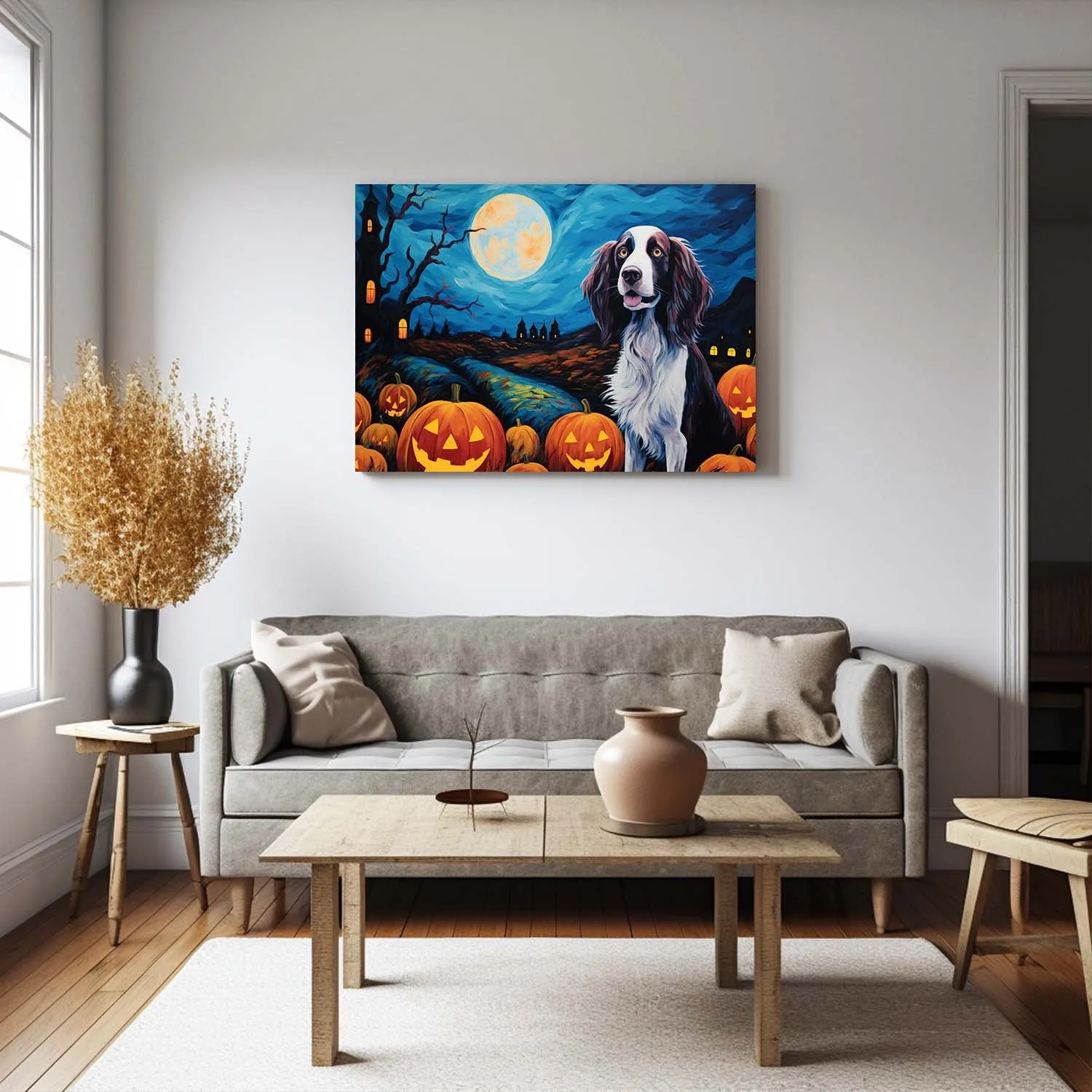 Irish Setters Dog 03 Halloween With Pumpkin Oil Painting Van Goh Style, Wooden Canvas Prints Wall Art Painting , Canvas 3d Art
