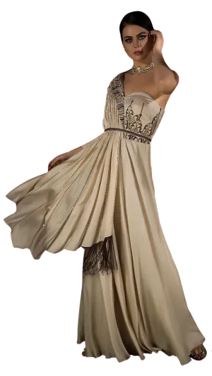 Ivory Embroidered Gown with Fringe