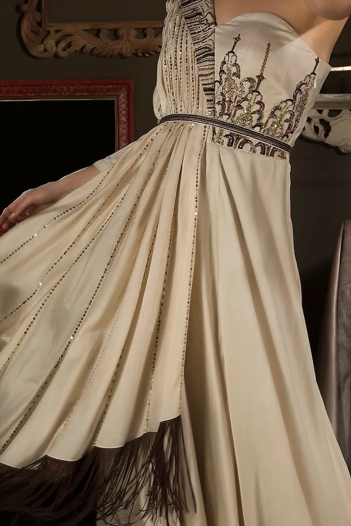 Ivory Embroidered Gown with Fringe