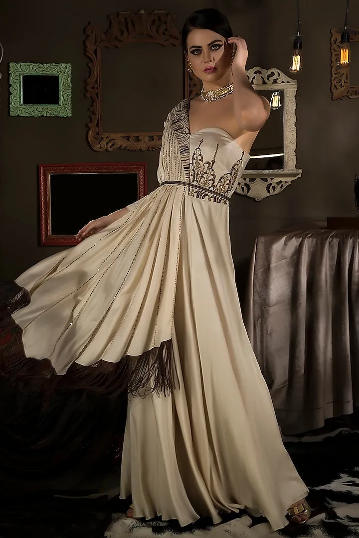 Ivory Embroidered Gown with Fringe