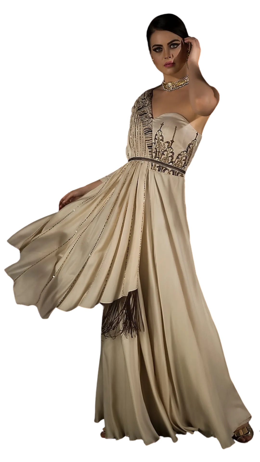 Ivory Embroidered Gown with Fringe