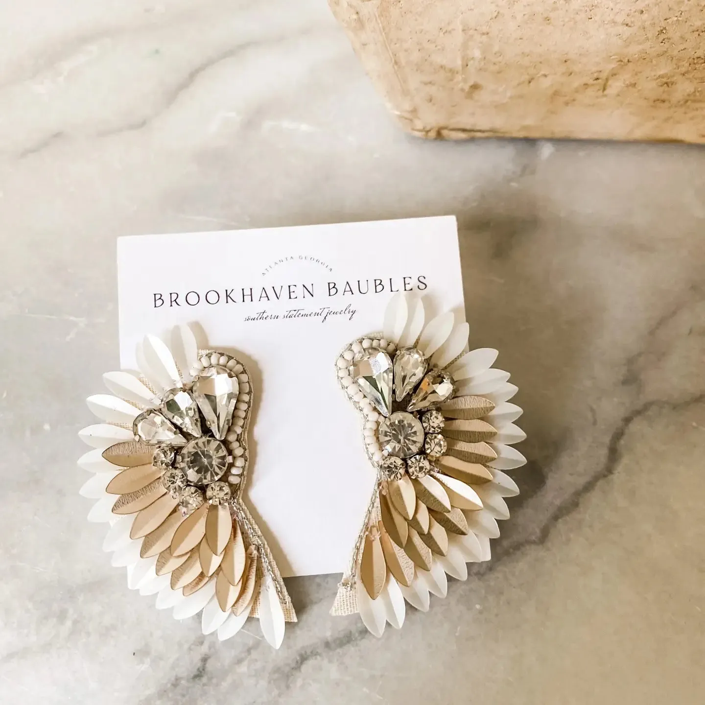 Ivory Gold Ombré Beaded Crystal Winged Statement Earrings