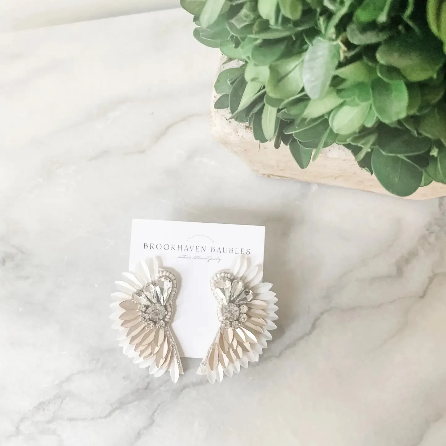 Ivory Gold Ombré Beaded Crystal Winged Statement Earrings