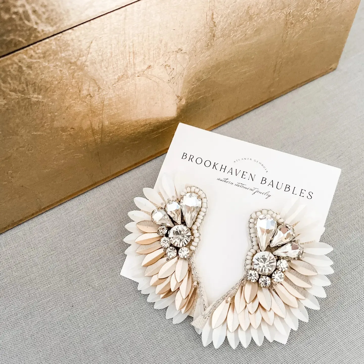Ivory Gold Ombré Beaded Crystal Winged Statement Earrings