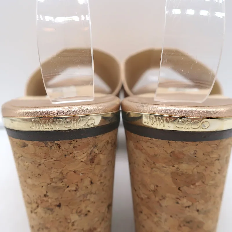 Jimmy Choo DeeDee Cork Platform Wedge Sandals Rose Gold Metallic Leather Size 38