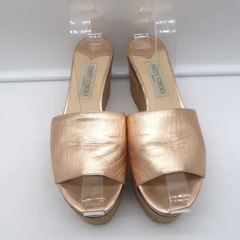 Jimmy Choo DeeDee Cork Platform Wedge Sandals Rose Gold Metallic Leather Size 38