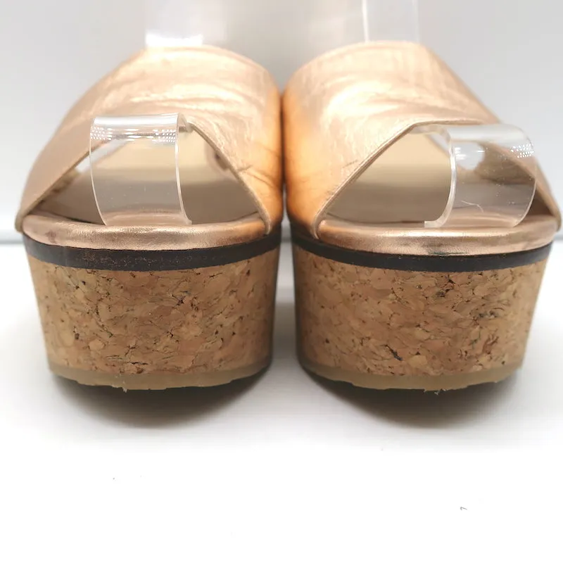 Jimmy Choo DeeDee Cork Platform Wedge Sandals Rose Gold Metallic Leather Size 38