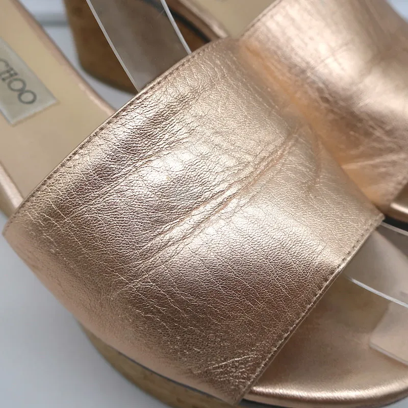 Jimmy Choo DeeDee Cork Platform Wedge Sandals Rose Gold Metallic Leather Size 38