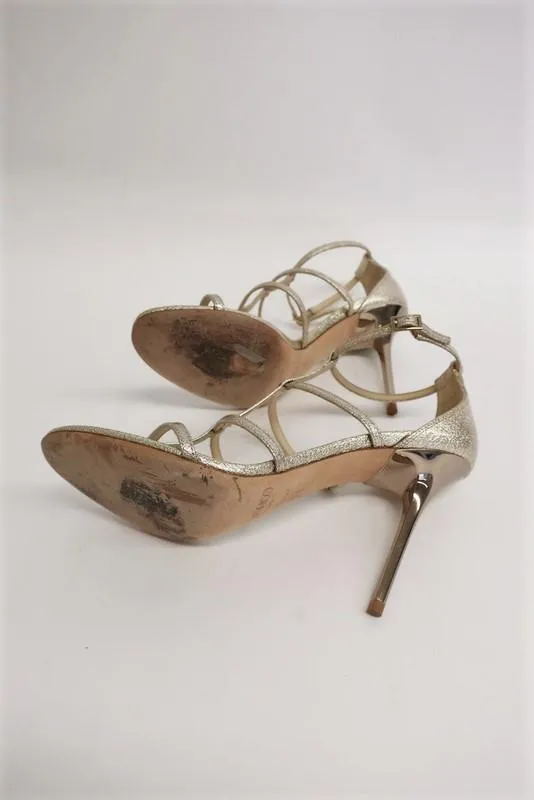 Jimmy Choo Dory Sandals Gold Metallic Coated Leather Size 38.5 Caged Heel