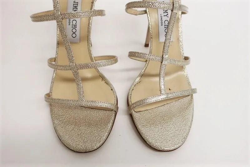 Jimmy Choo Dory Sandals Gold Metallic Coated Leather Size 38.5 Caged Heel