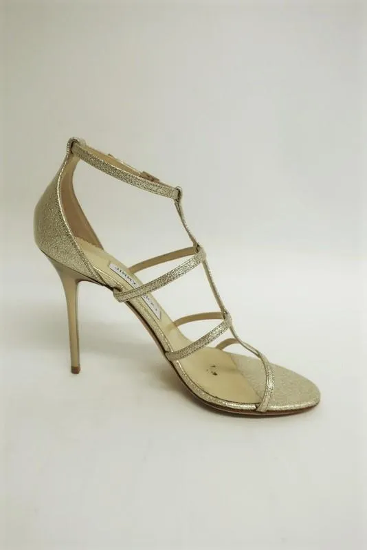 Jimmy Choo Dory Sandals Gold Metallic Coated Leather Size 38.5 Caged Heel