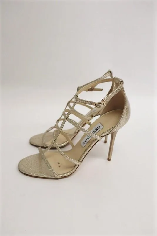 Jimmy Choo Dory Sandals Gold Metallic Coated Leather Size 38.5 Caged Heel