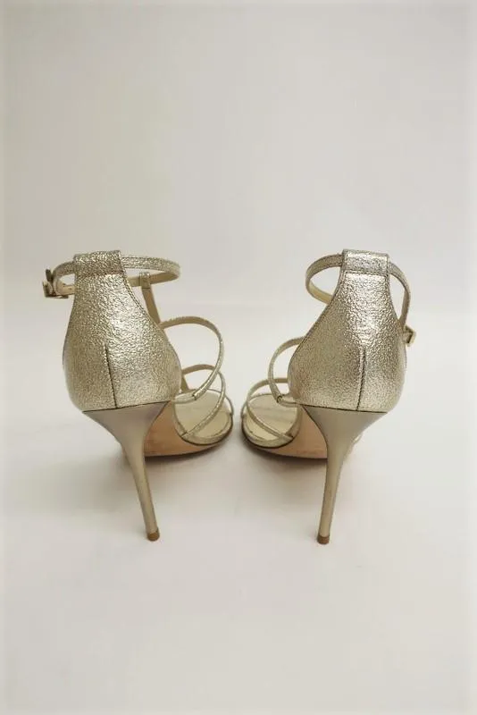 Jimmy Choo Dory Sandals Gold Metallic Coated Leather Size 38.5 Caged Heel