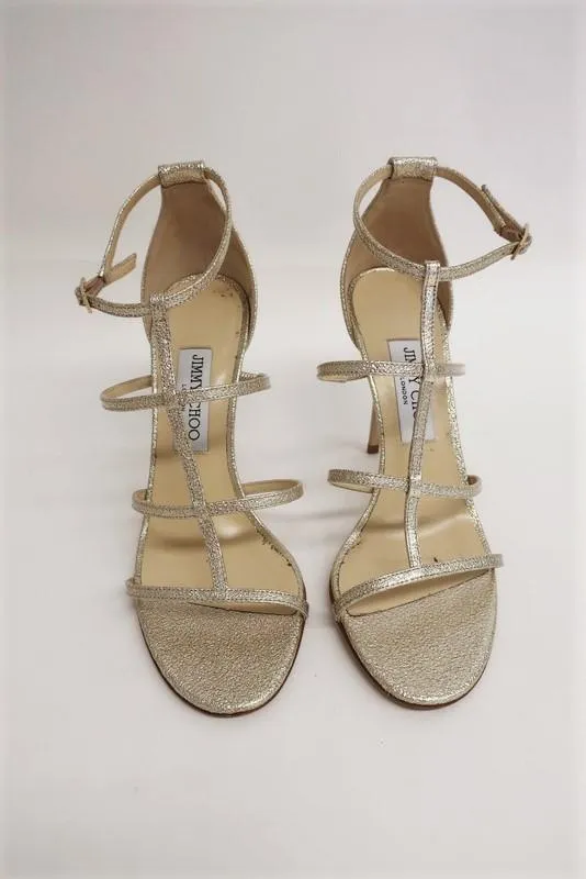 Jimmy Choo Dory Sandals Gold Metallic Coated Leather Size 38.5 Caged Heel