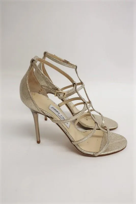Jimmy Choo Dory Sandals Gold Metallic Coated Leather Size 38.5 Caged Heel