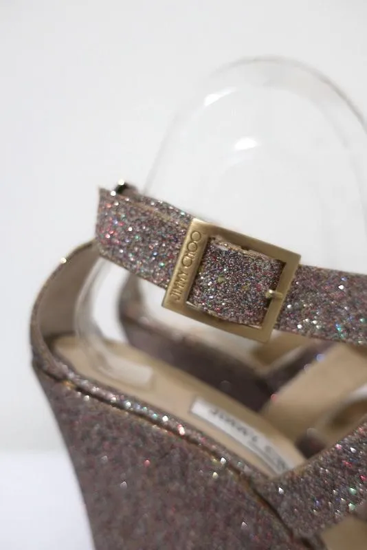 Jimmy Choo Penny Glitter Wedge Sandals Size 40 Crisscross-Strap Platform Heel