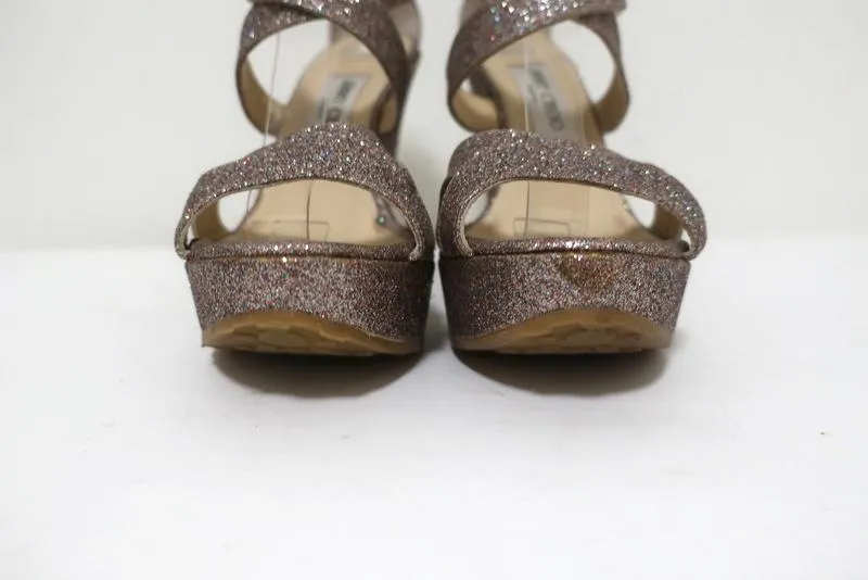 Jimmy Choo Penny Glitter Wedge Sandals Size 40 Crisscross-Strap Platform Heel