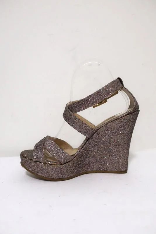Jimmy Choo Penny Glitter Wedge Sandals Size 40 Crisscross-Strap Platform Heel