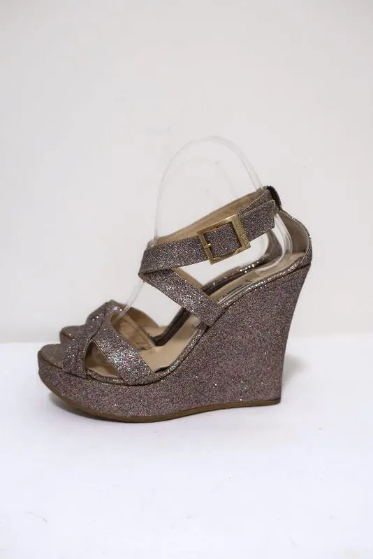 Jimmy Choo Penny Glitter Wedge Sandals Size 40 Crisscross-Strap Platform Heel