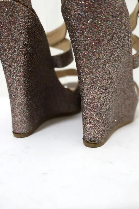 Jimmy Choo Penny Glitter Wedge Sandals Size 40 Crisscross-Strap Platform Heel
