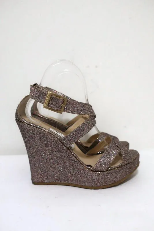 Jimmy Choo Penny Glitter Wedge Sandals Size 40 Crisscross-Strap Platform Heel