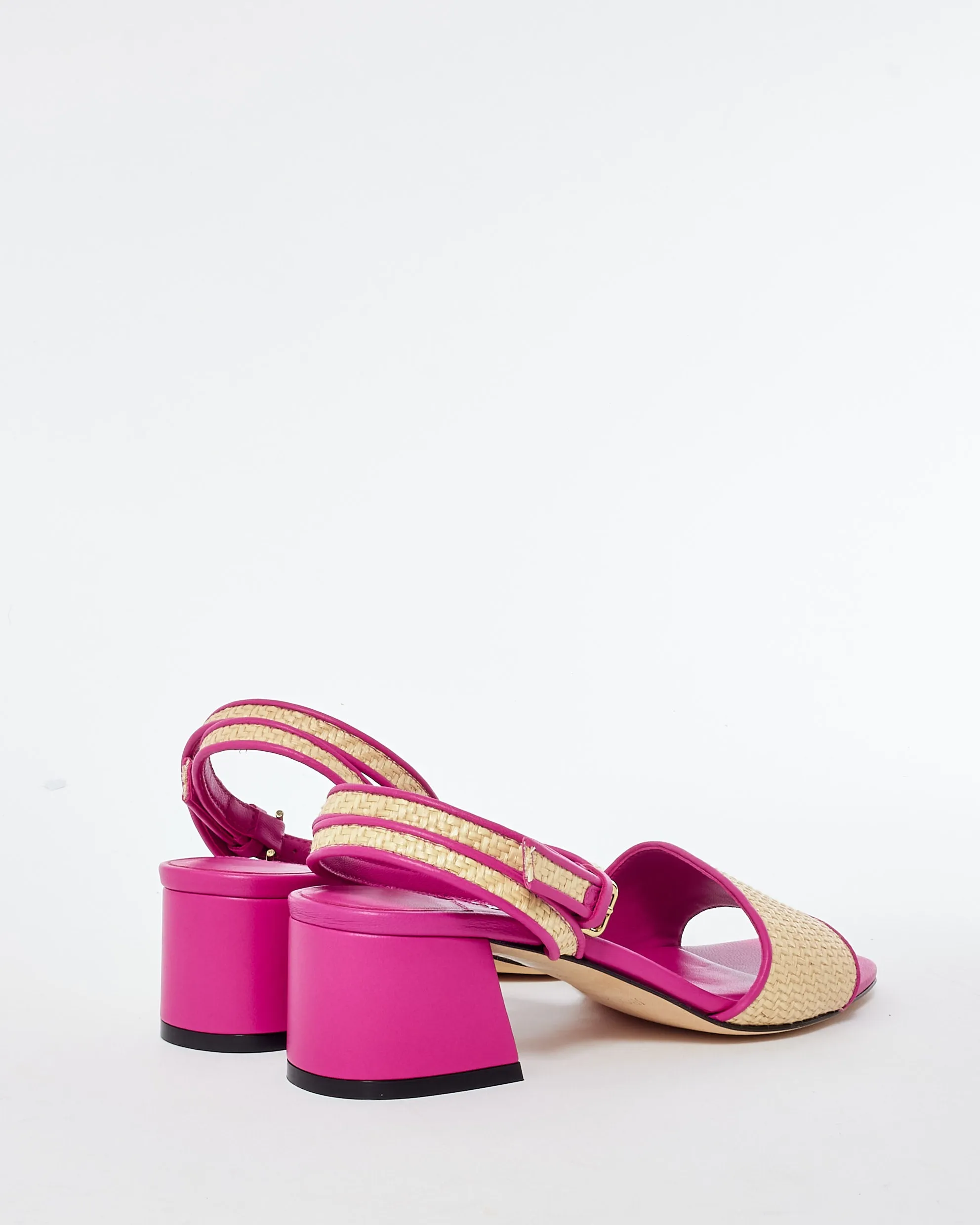 Jimmy Choo Pink Leather & Raffia Block Heel Sandals - 36.5