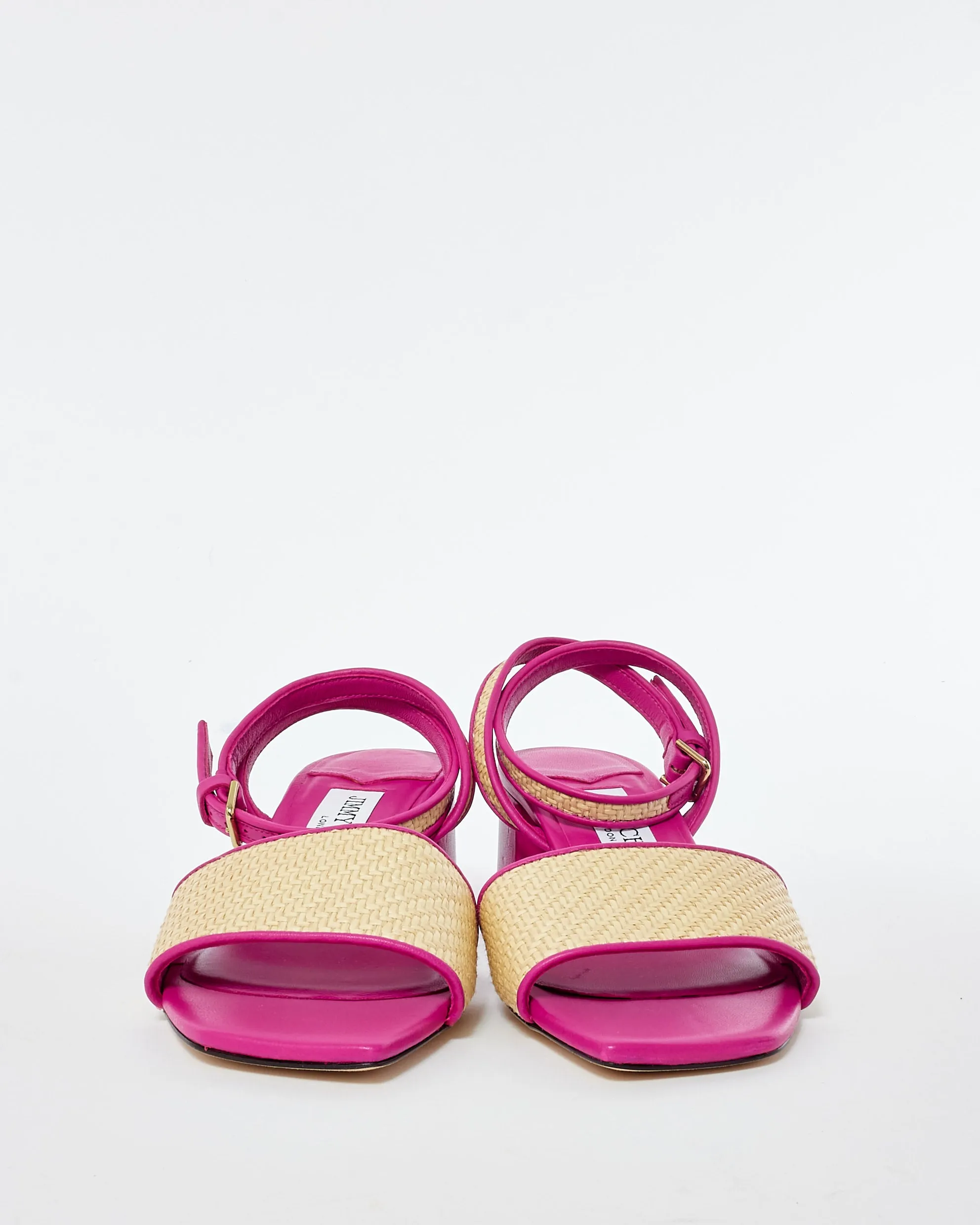 Jimmy Choo Pink Leather & Raffia Block Heel Sandals - 36.5