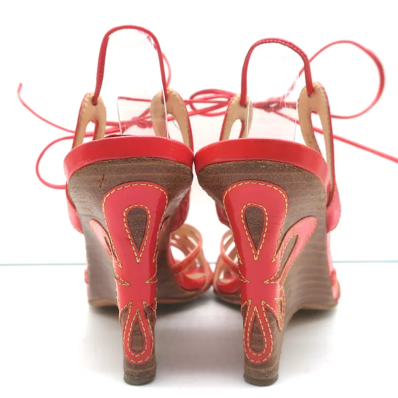 Jimmy Choo Wedge Sandals Coral Cutout Patent Leather Size 40 Ankle Tie Heels