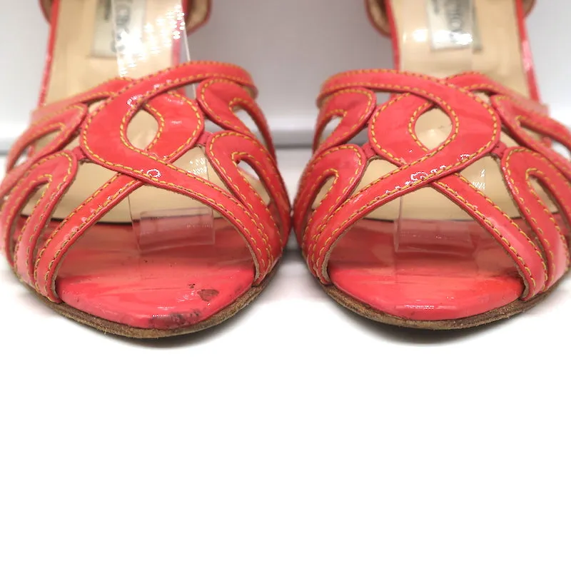 Jimmy Choo Wedge Sandals Coral Cutout Patent Leather Size 40 Ankle Tie Heels
